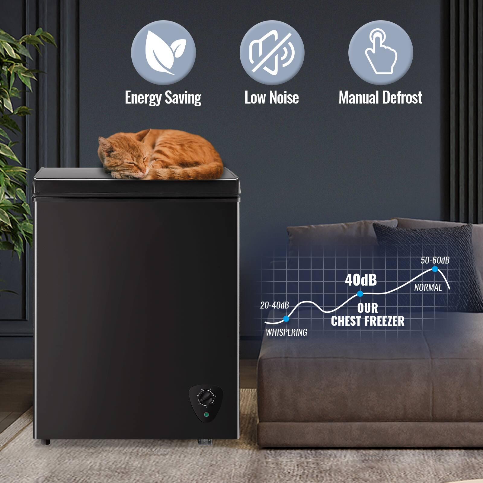 Energy Saving  
Low Noise  
Manual Defrost  

40dB  
20-40dB WHISPERING  
50-60dB NORMAL  

OUR CHEST FREEZER
