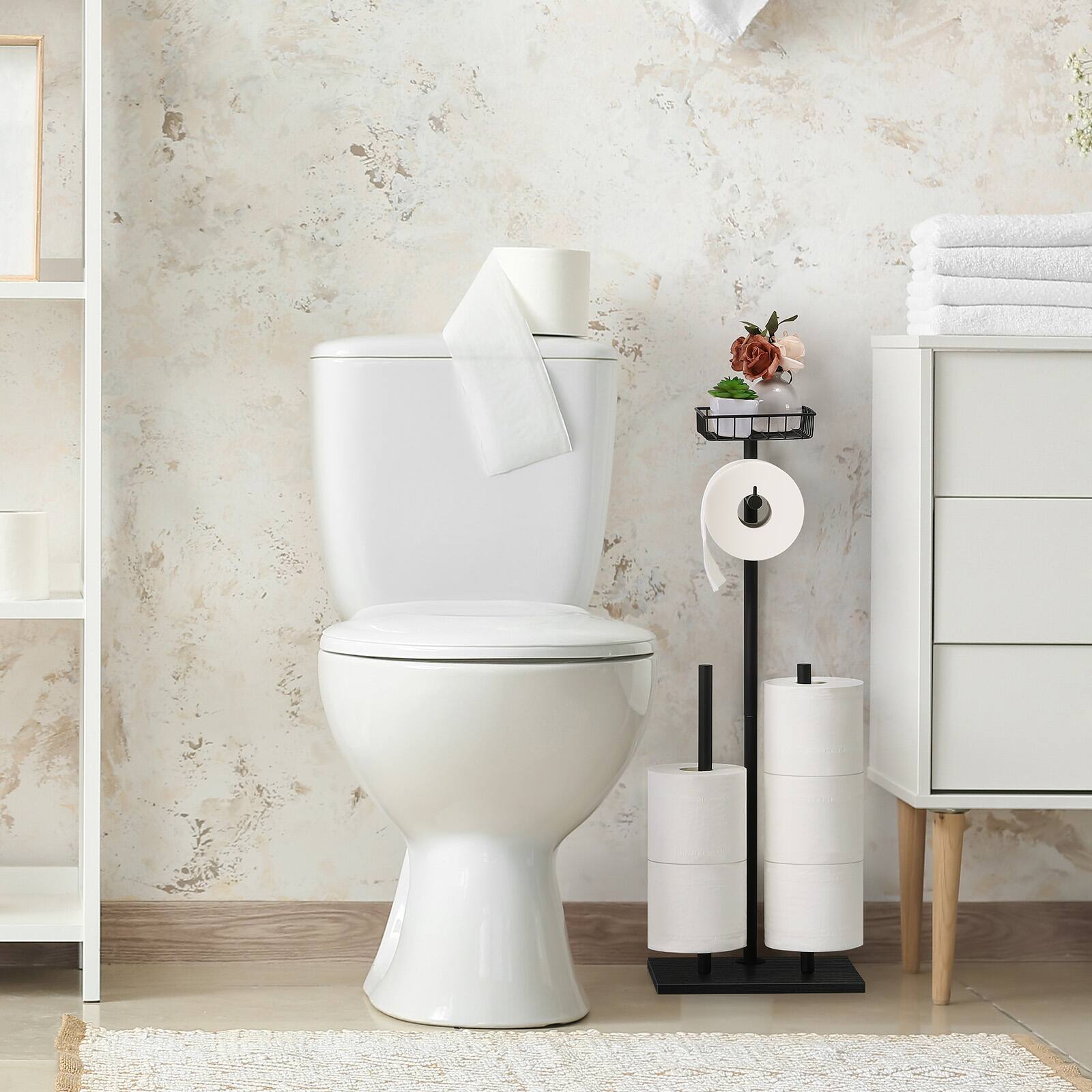 Alt View 3. Oumilen - Freestanding Toilet Paper Holder with Storage Basket – 2-Pack Black Dual Spare Roll Organizer.