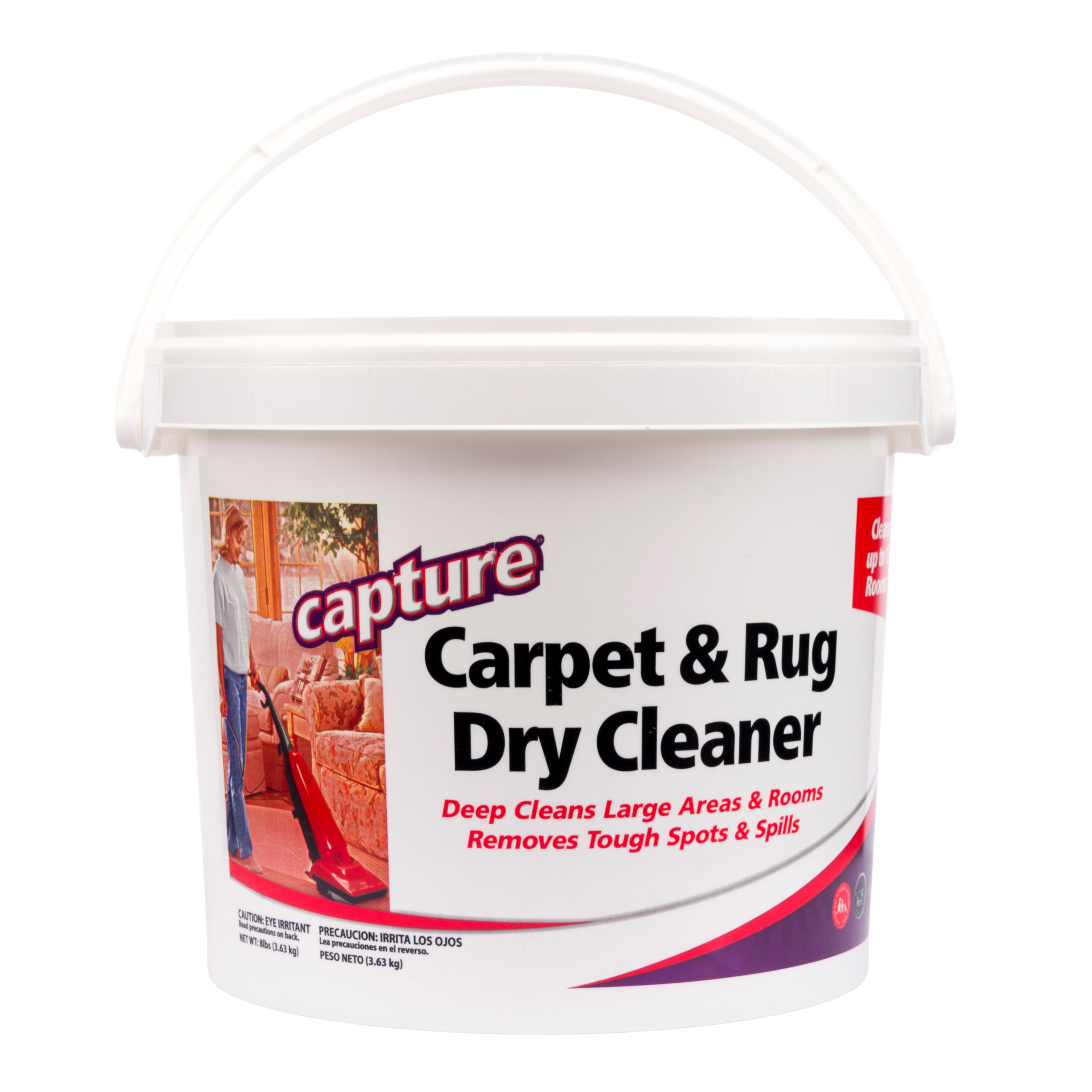 Capture Carpet & Rug Dry Cleaner  
Deep Cleans Large Areas & Rooms  
Removes Tough Spots & Spills  

CAUTION: IRRITA LOS OJOS  
PRECAUCIÓN: IRRITA LOS OJOS  
Las precauciones en el reverso  
NET WT. 3.43 kg (7.56 lbs)  
PESO NETO 3.43 kg