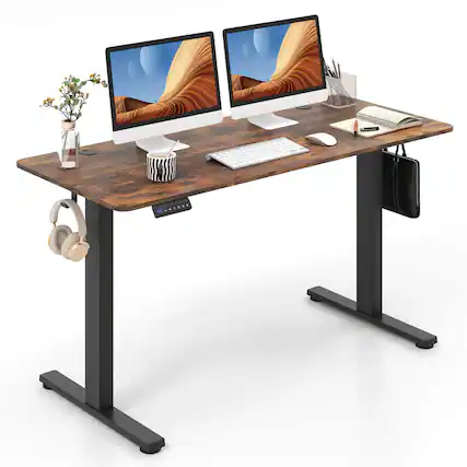 Front. Costway - Standing Desk with Hanging Hooks - 55" Wide - Rustic Brown + Black.