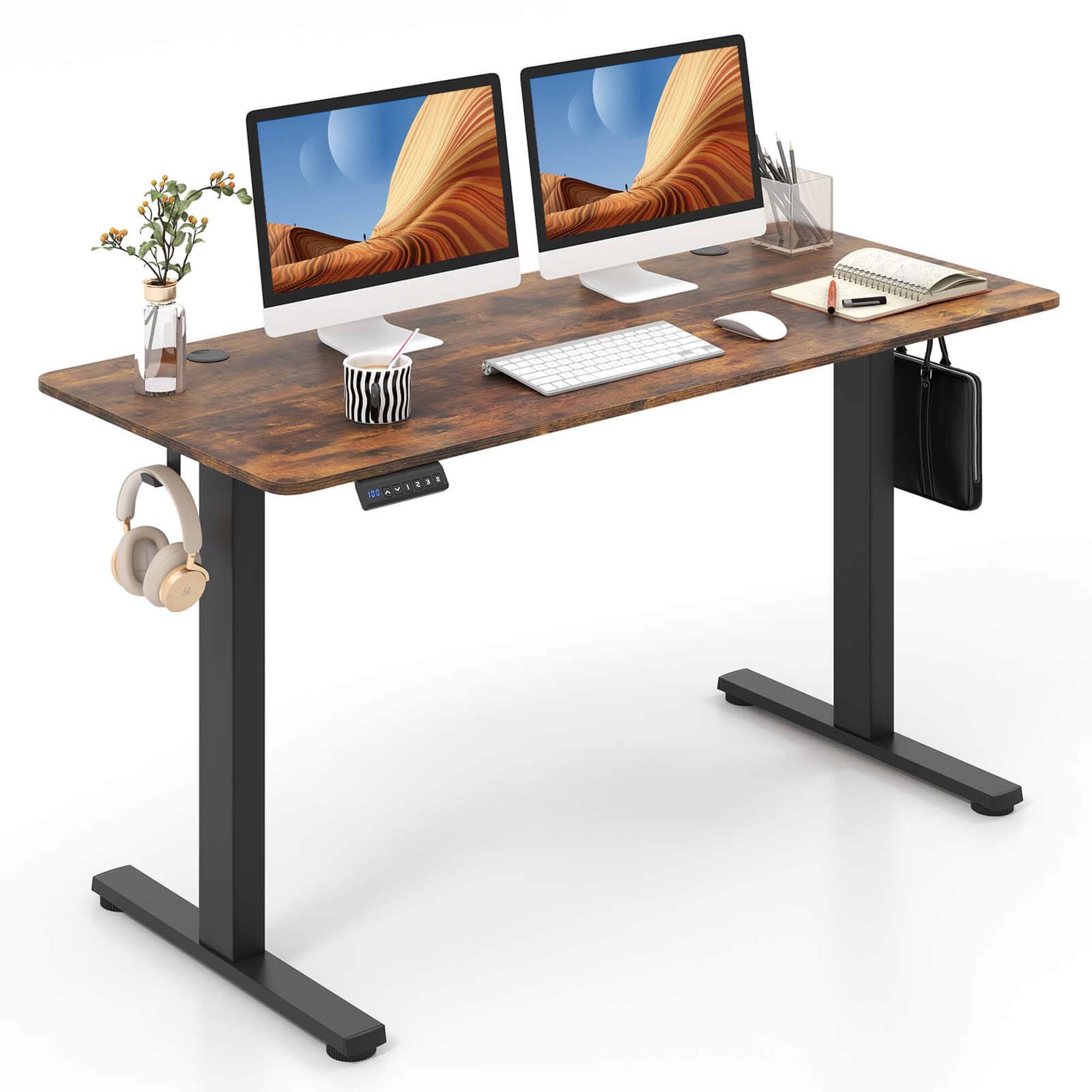 Costway - Standing Desk with Hanging Hooks - 55" Wide - Rustic Brown + Black