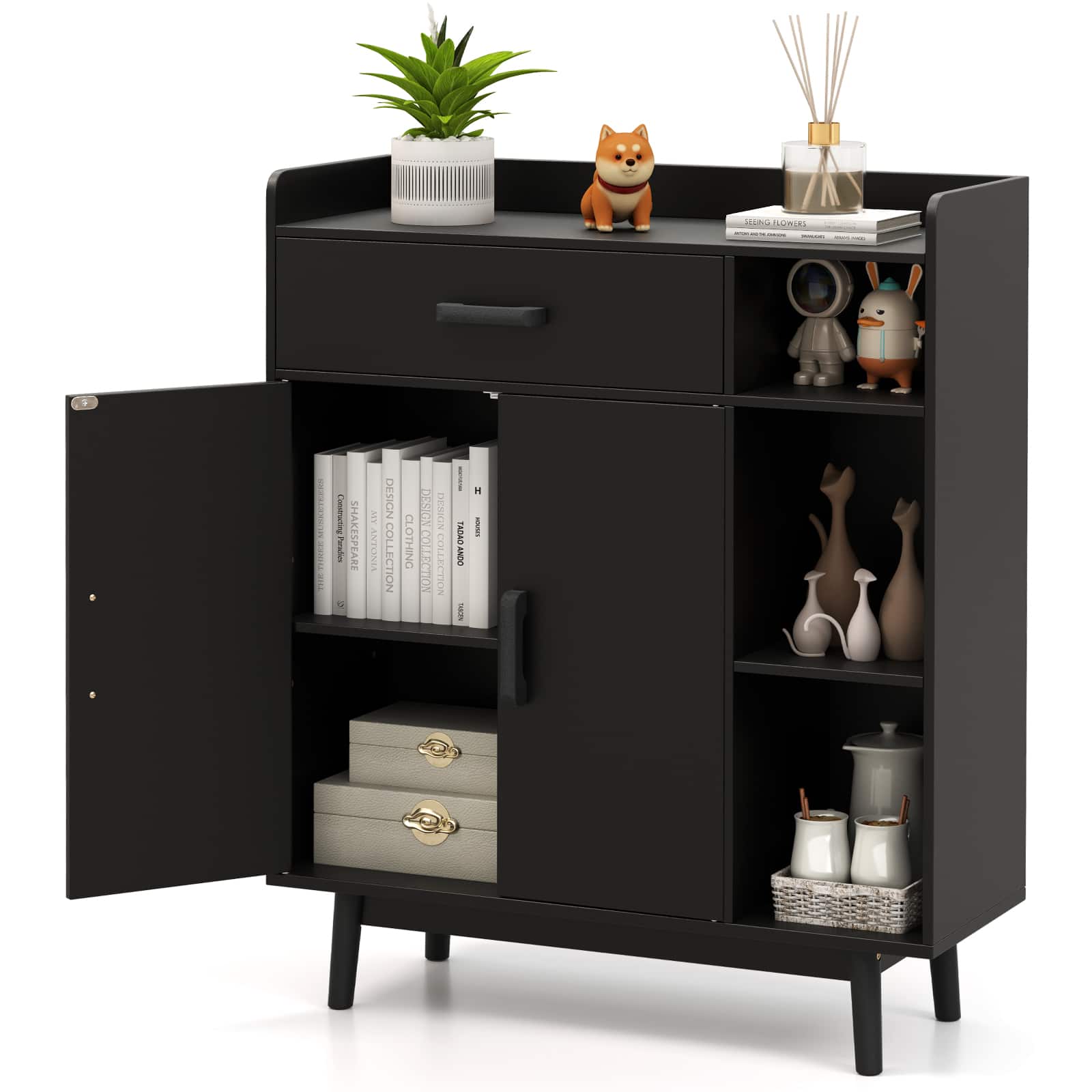 Gymax - Floor Storage Cabinet Free Standing Cupboard Chest w/1 Drawer 2 Doors 3 Shelves - Black