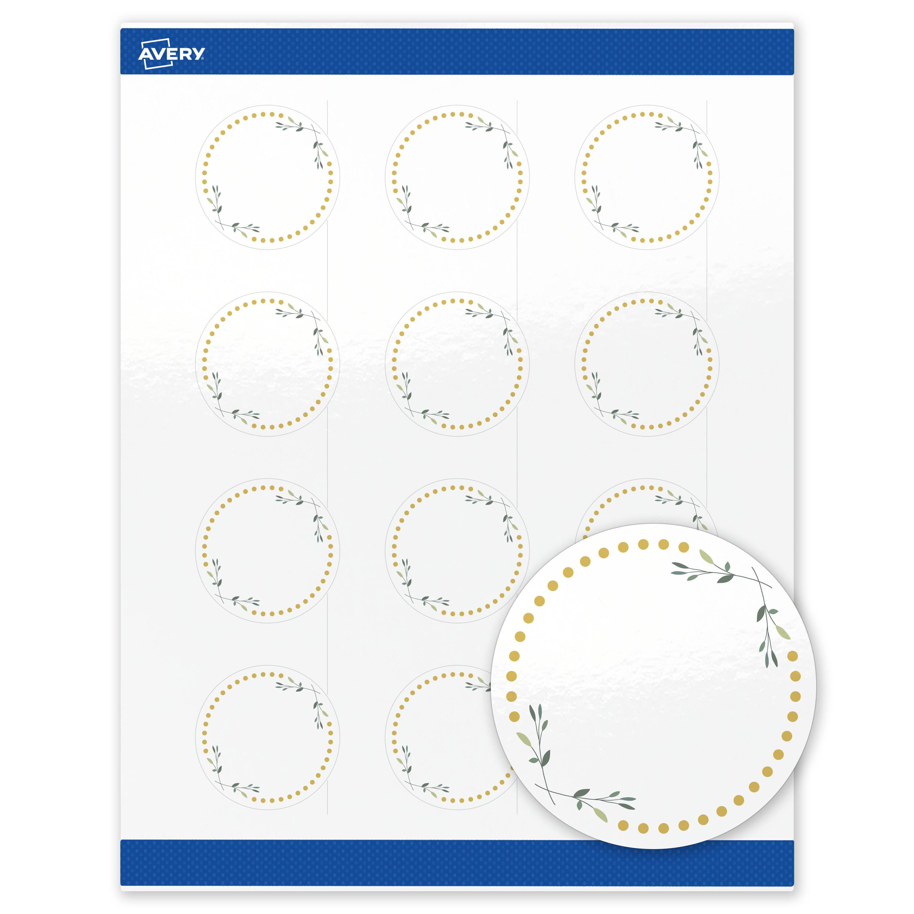 Front. Avery - Avery Labels, 2" Diameter, Glossy White, Green Florals/Gold Dots - White.