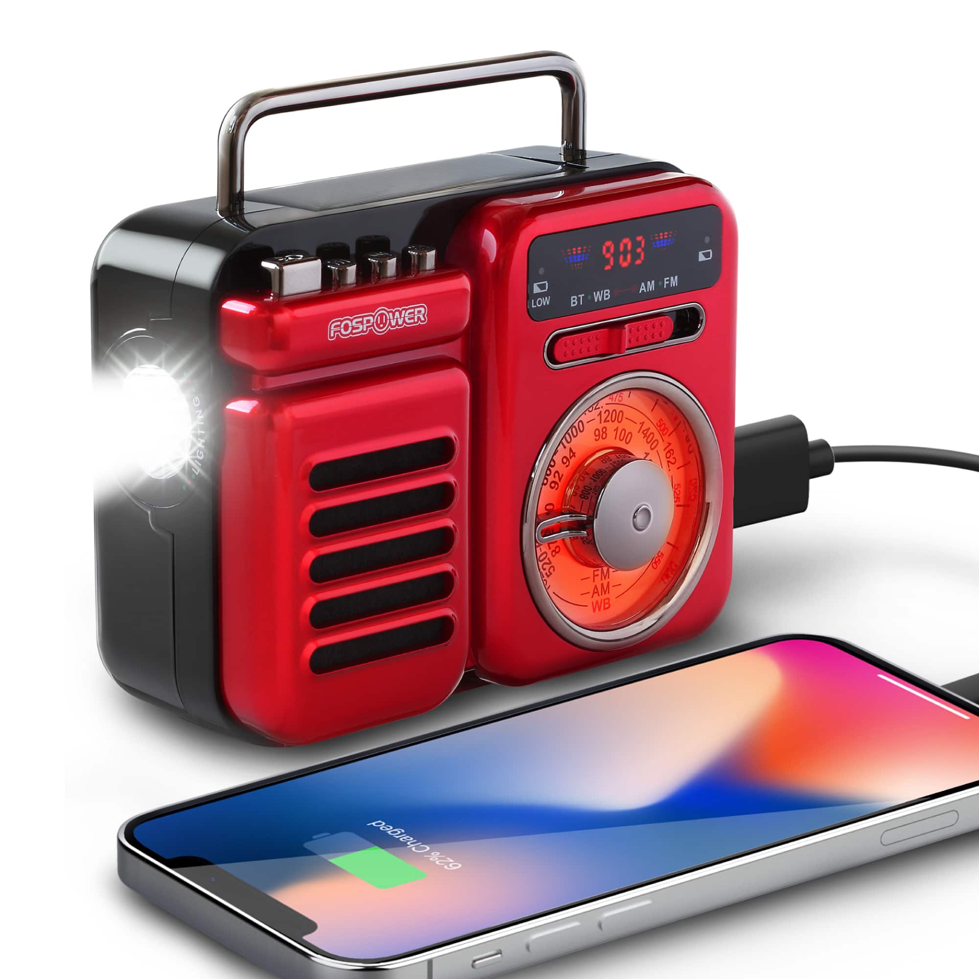 FosPower - Solar Hand Crank Radio, NOAA Weather Emergency Radio with AM/FM/WB, Flashlight, Retro, SOS Alarm, 2000mAh Power Bank - Red