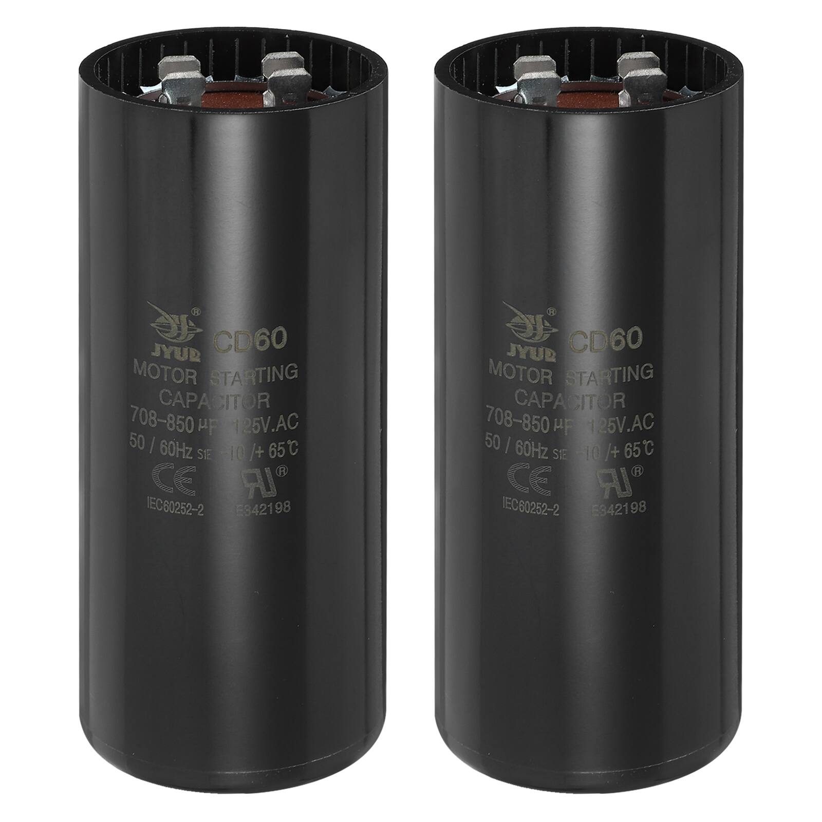 JYUB CD60 MOTOR STARTING CAPACITOR 708-850 µF 125V.AC 50/60Hz 65°C SE-10/+ CE IR IEC60252-2 E342198