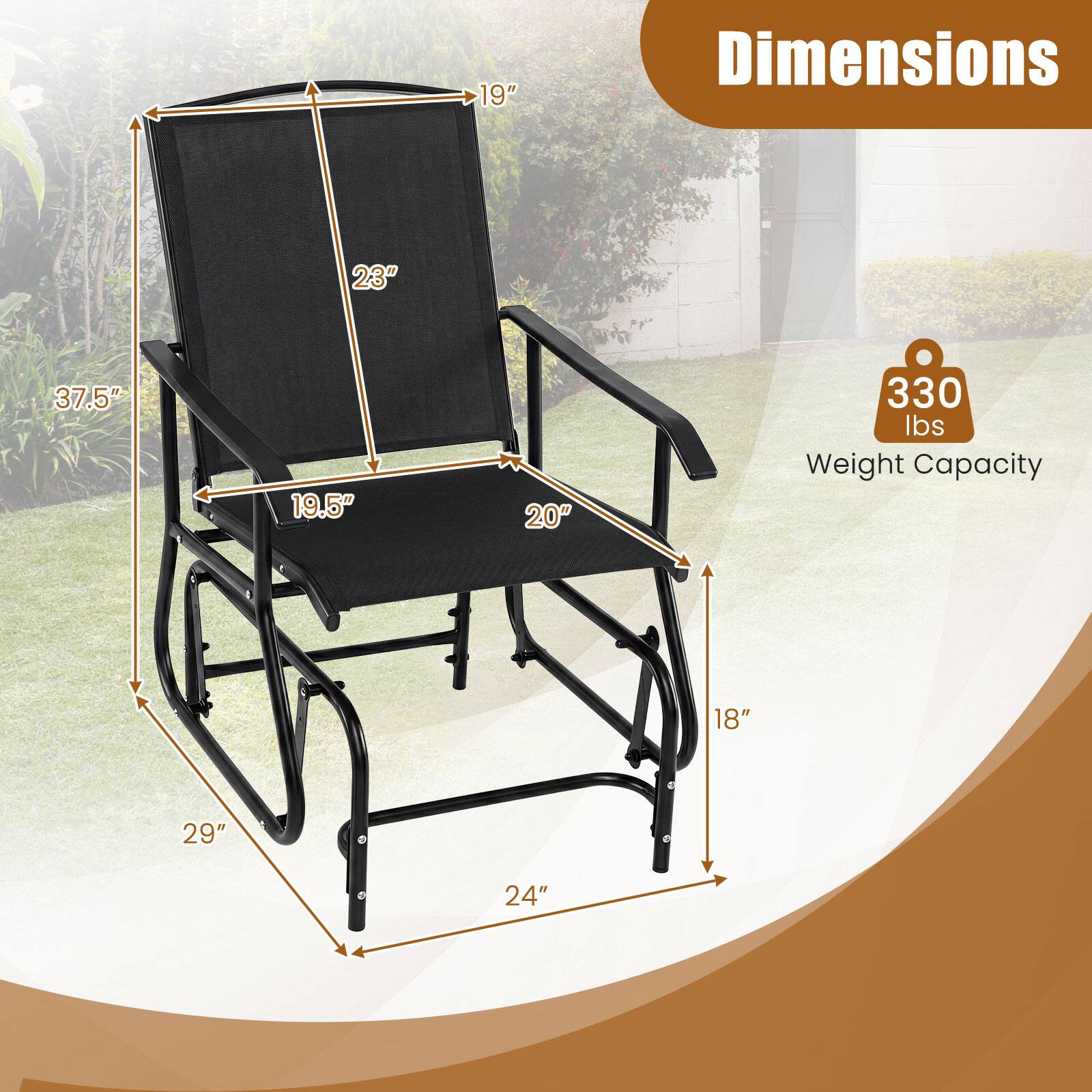 Dimensions: 19" x 23" x 37.5" x 19.5" x 20" x 29" x 24"  
Weight Capacity: 330 lbs