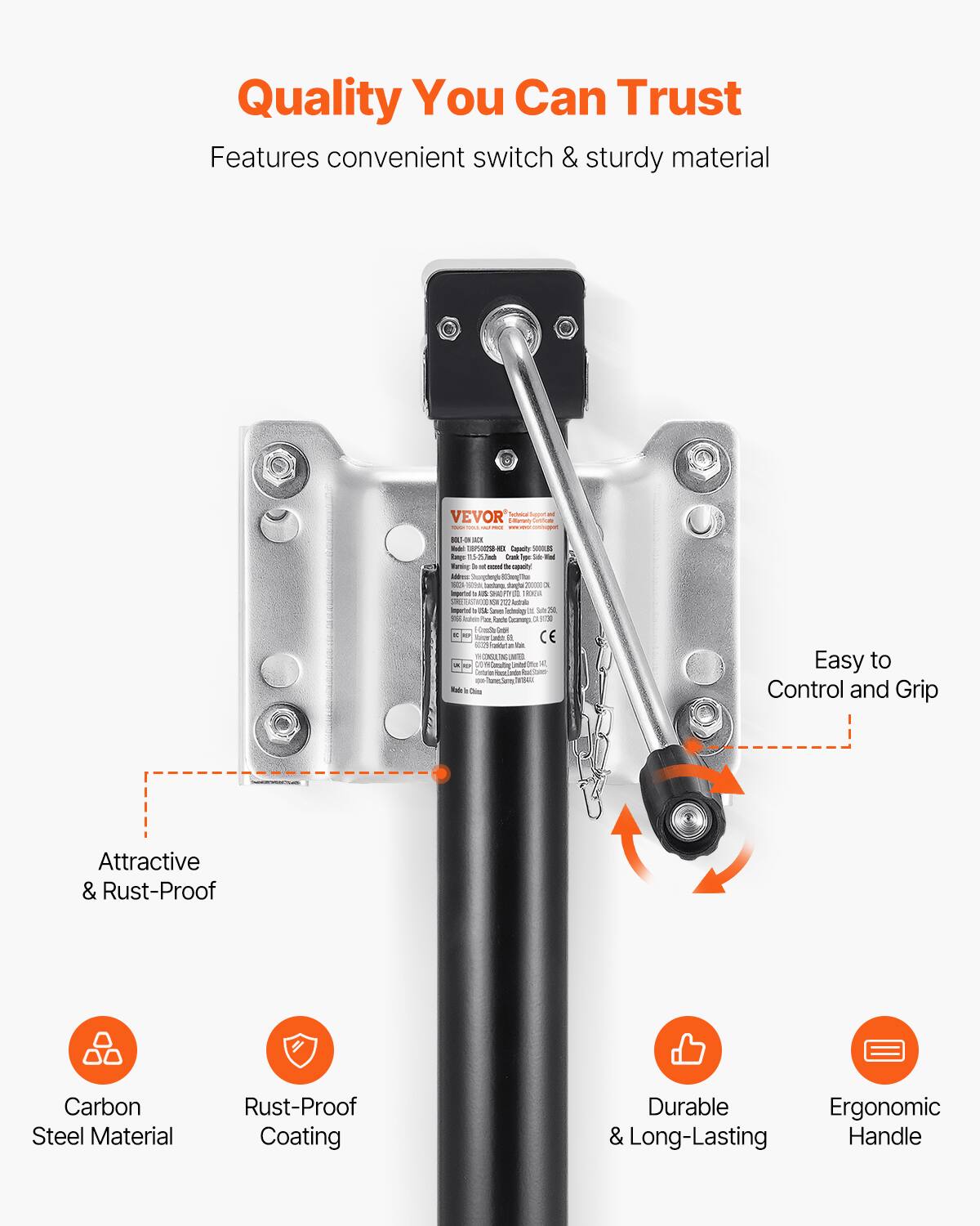 Quality You Can Trust  
Features convenient switch & sturdy material  

VEVOR - Sgut - ttaran : a - - a - terr - Seuailly -  - s - e - - Tamig & - - - - Md Sthinodegs Elel des - - tnga 3000m ig L SAEN e 0 - va BY Antralc Snparal - da -a ong - S N FN P  Scanag a  o - - -  CE - - - N SN 00 Cnal - o nog- Tab Cas  

Easy to Control and Grip  
Attractive & Rust-Proof Carbon Steel Material  
Rust-Proof Coating  
Durable Ergonomic & Long-Lasting Handle