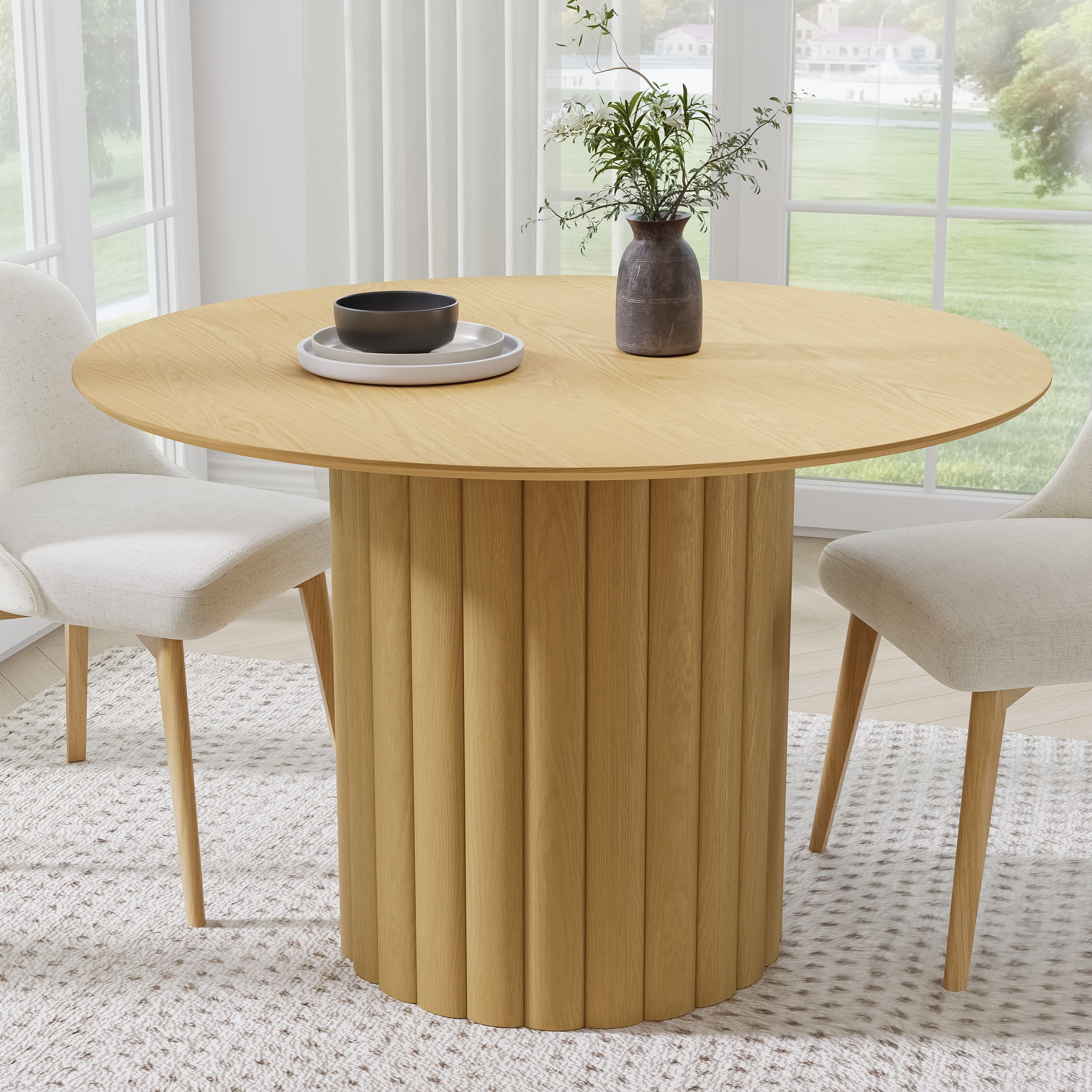 PexFix - Minimalist Farmhouse Beveled Edge Round Solid Oak 46 in. Wide Ribbed Base Kitchen & Dining Table Seats 4 - Natural