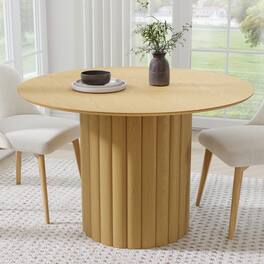 PexFix - Minimalist Farmhouse Beveled Edge Round Solid Oak 46 in. Wide Ribbed Base Kitchen & Dining Table Seats 4 - Natural