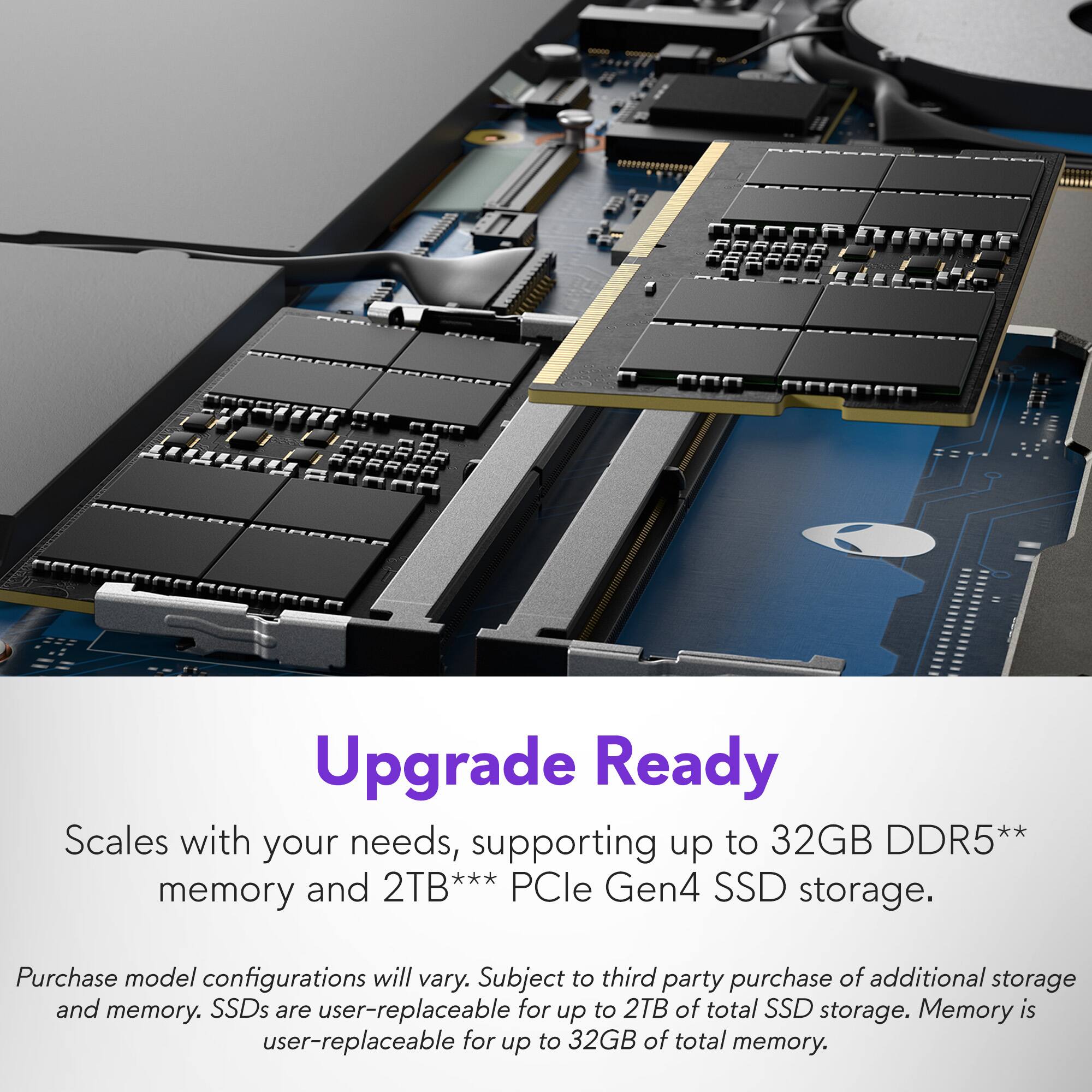 A0R Upgrade Ready Scales with your needs, supporting up to 32GB DDR5** memory and 2TB*** PCIe Gen4 SSD storage. Purchase model configurations will vary. Subject to third party purchase of additional storage and memory. SSDs are user-replaceable for up to 2TB of total SSD storage. Memory is user-replaceable for up to 32GB of total memory.