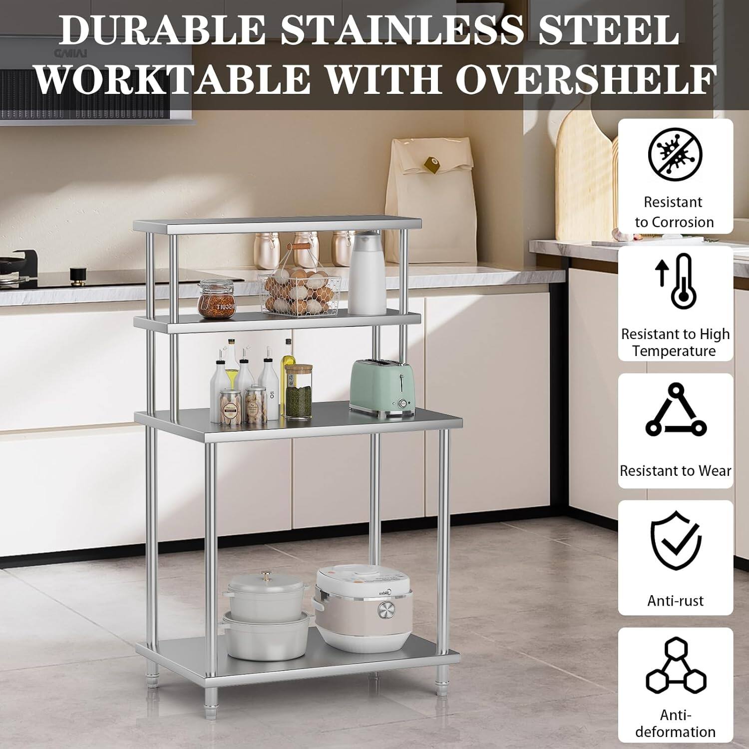 DURABLE STAINLESS STEEL WORKTABLE WITH OVERSHELF

- Resistant to Corrosion
- Resistant to High Temperature
- Resistant to Wear
- Anti-rust
- Anti-deformation