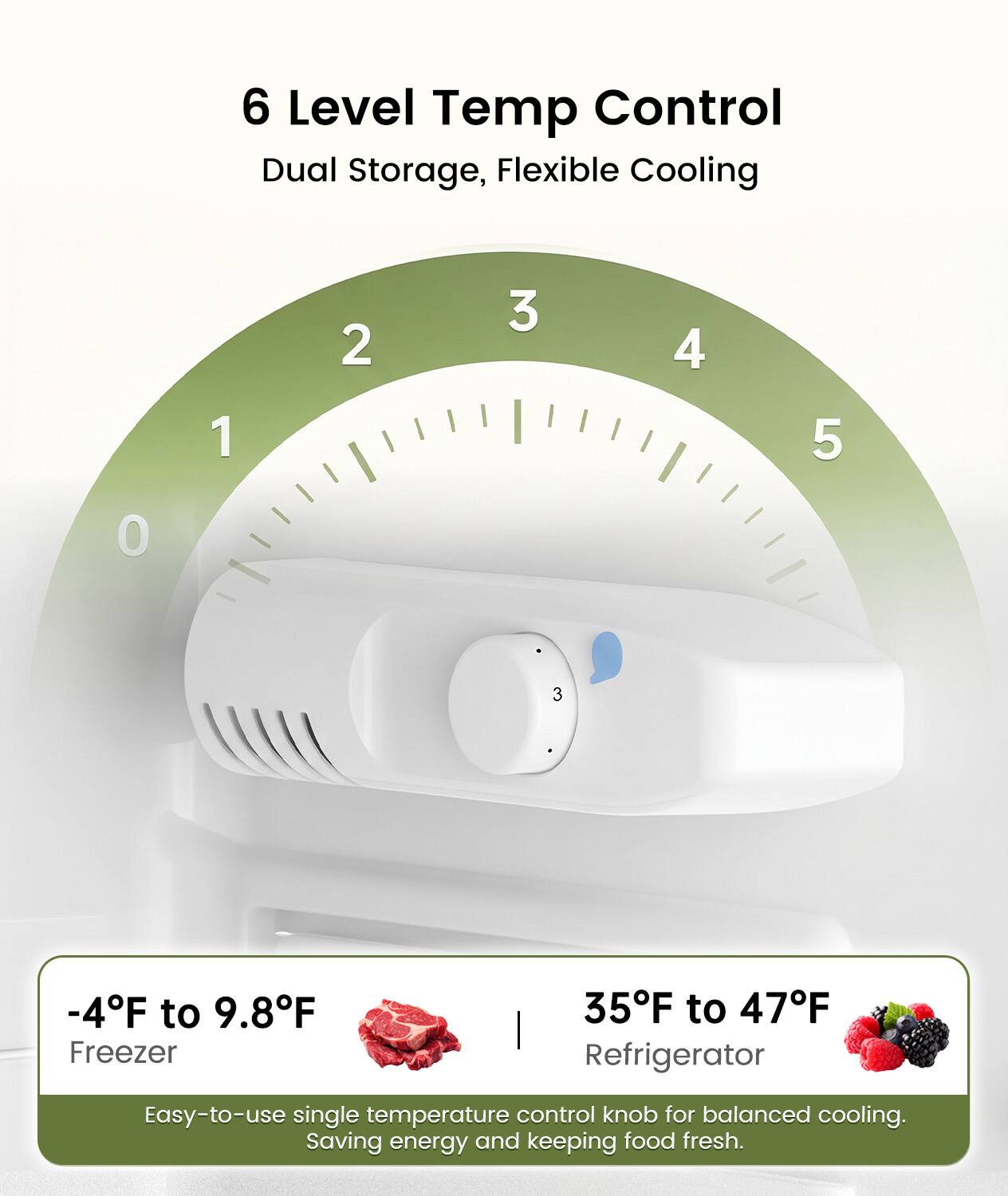 6 Level Temp Control Dual Storage, Flexible Cooling

-4F to 9.8F Freezer
35F to 47F Refrigerator

Easy-to-use single temperature control knob for balanced cooling. Saving energy and keeping food fresh.
