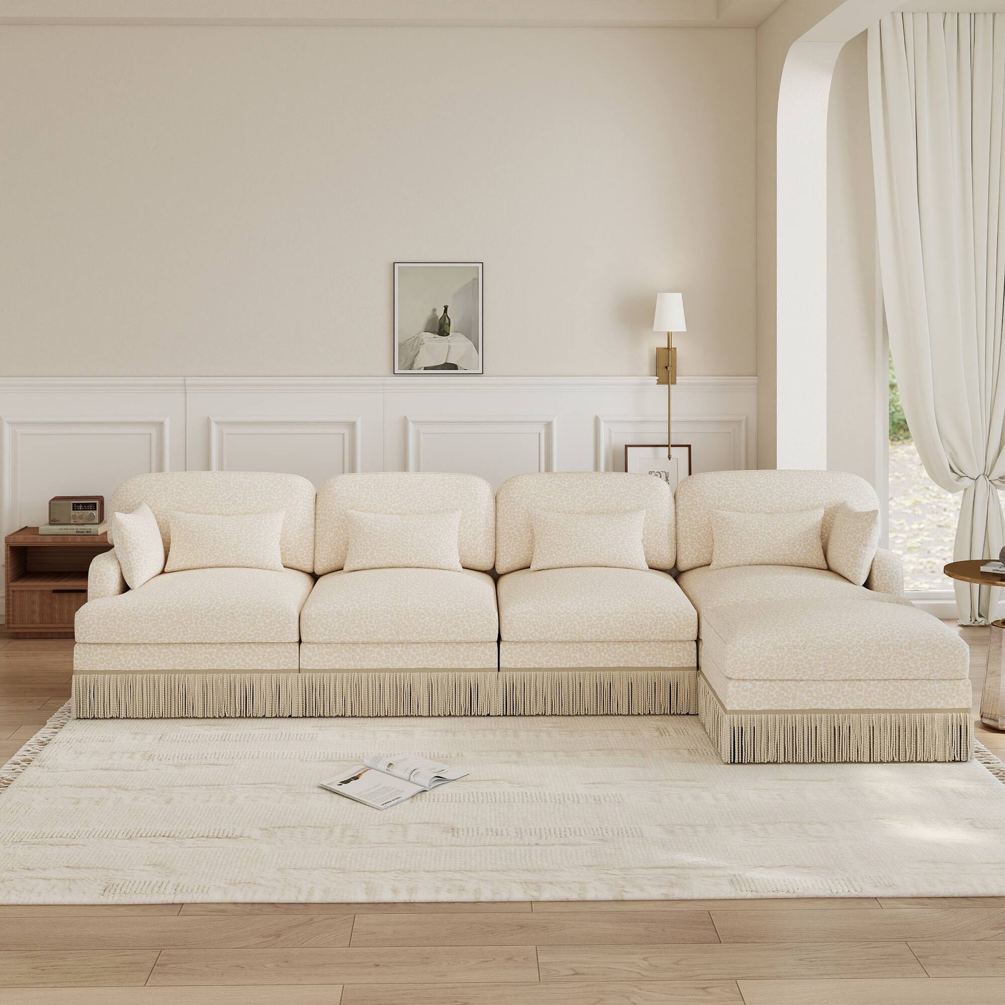Left. Anysun - 131" 4-Seater Flexible Modular Leopard Print Chenille L-Shaped Sofa with Tassel Edges & Movable Ottoman - Beige.