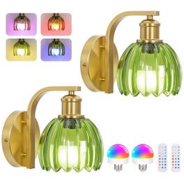 Dazzed Corner - Battery Operated Wall Sconce Set of Two with Green Glass Lampshade, with Remote Control