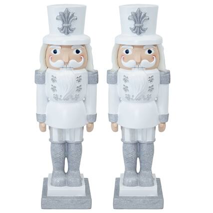 Front. Sunnydaze - Sterling the Christmas Nutcracker Statue - 37" H - Set of 2 - Silver.