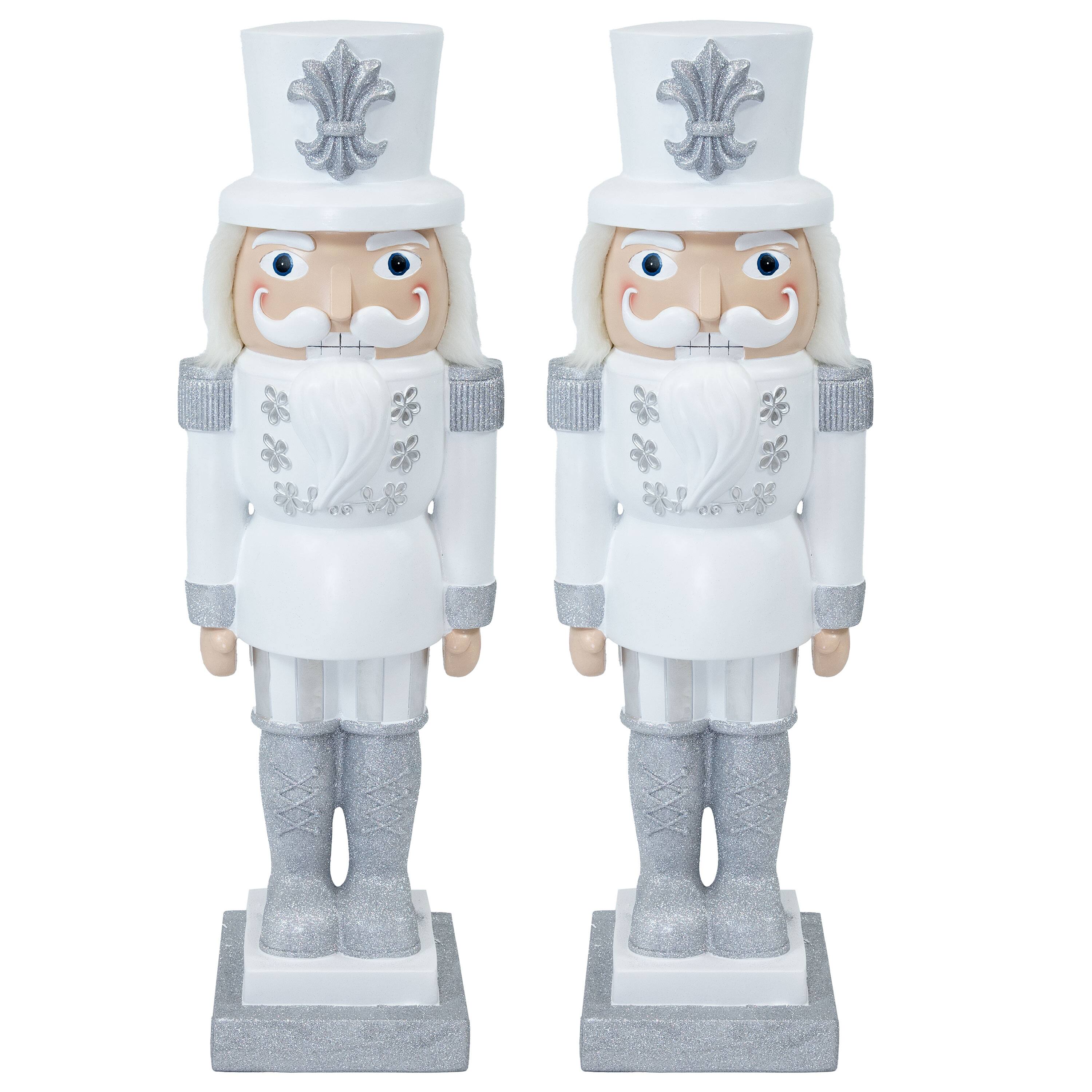 Front. Sunnydaze - Sterling the Christmas Nutcracker Statue - 37" H - Set of 2 - Silver.