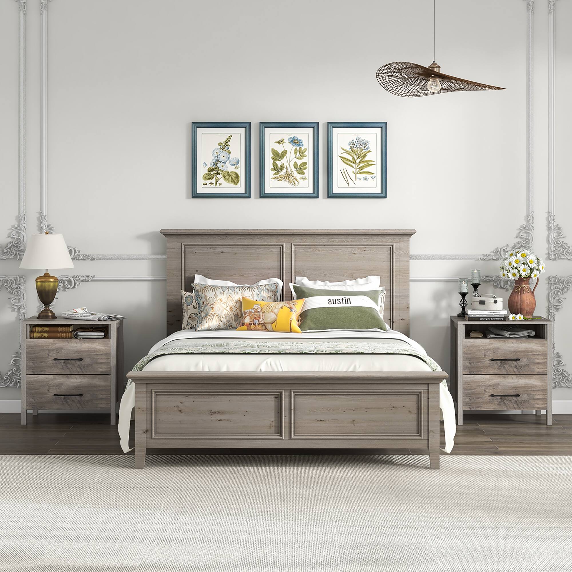 Alt View 18. Costway - Nightstand with  2 Drawers Farmhouse Bed Side Table with  Open Storage Shelf - Gray.
