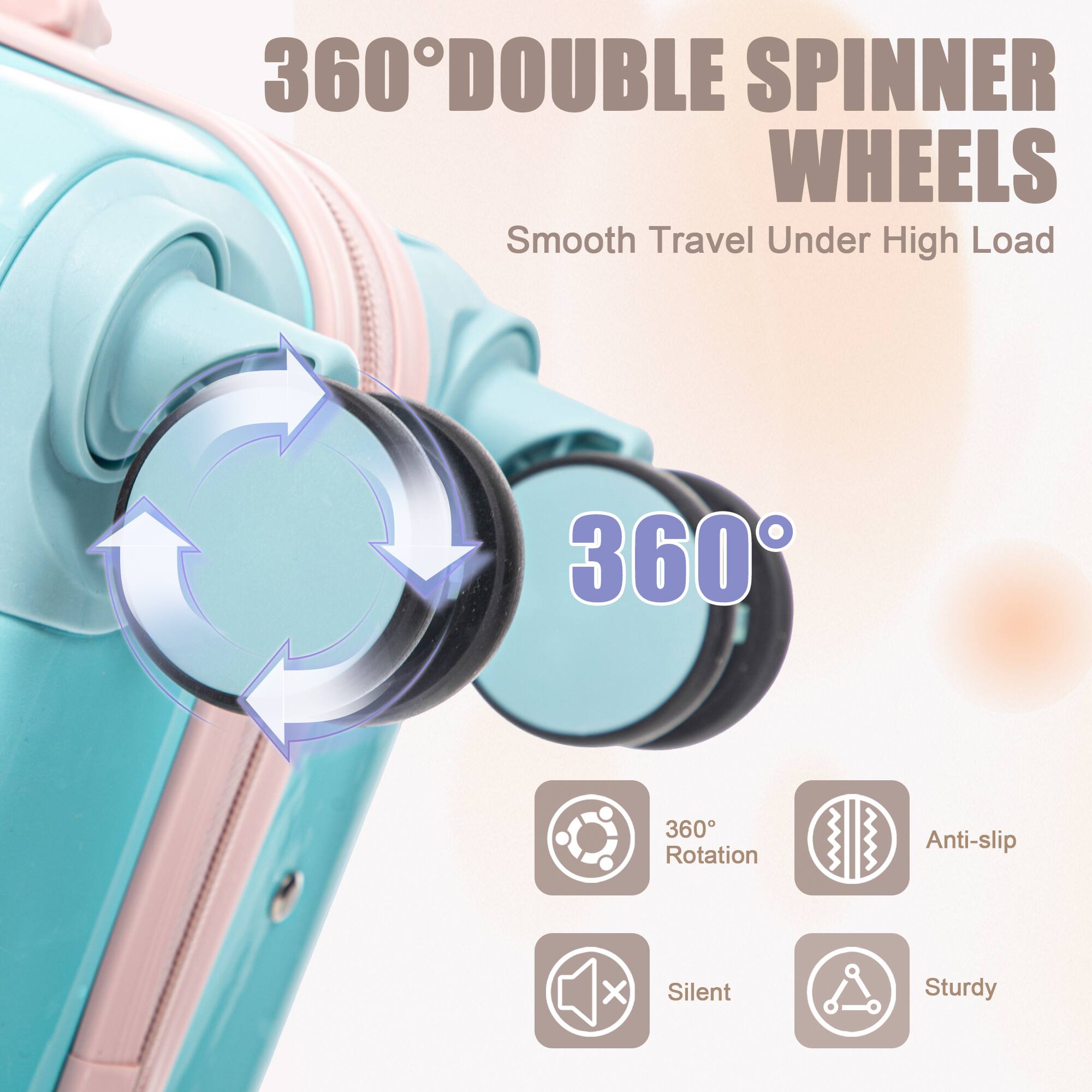 360° DOUBLE SPINNER WHEELS  
Smooth Travel Under High Load  

360°  
360° Rotation  
Anti-slip  
Silent  
Sturdy