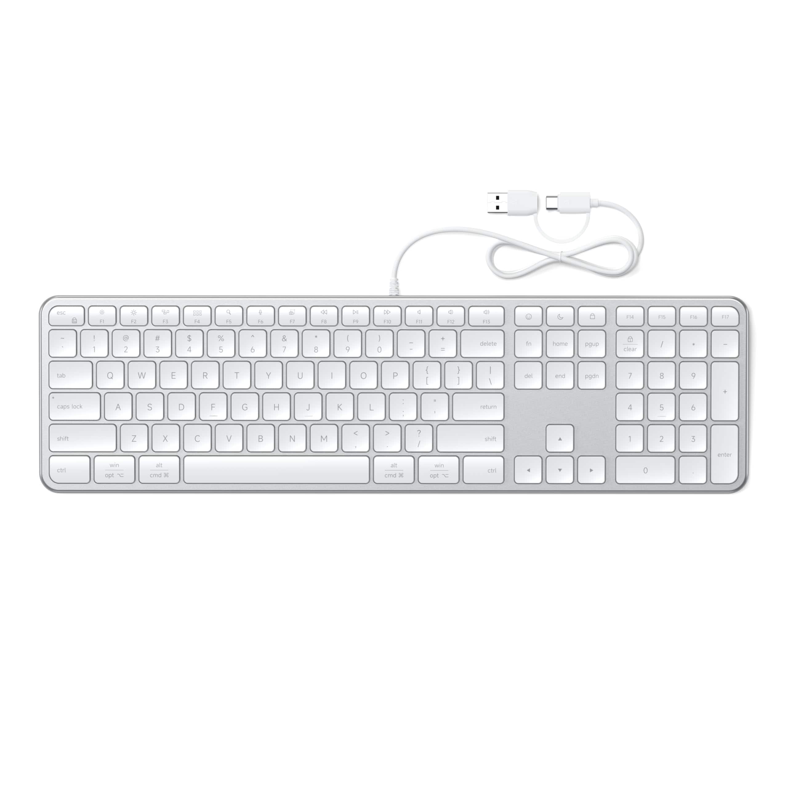 Satechi - Slim LX3 Wired Full-Size Keyboard - Aluminum, Cross-Platform OS Switching, USB-C, for Mac & PC - Silver