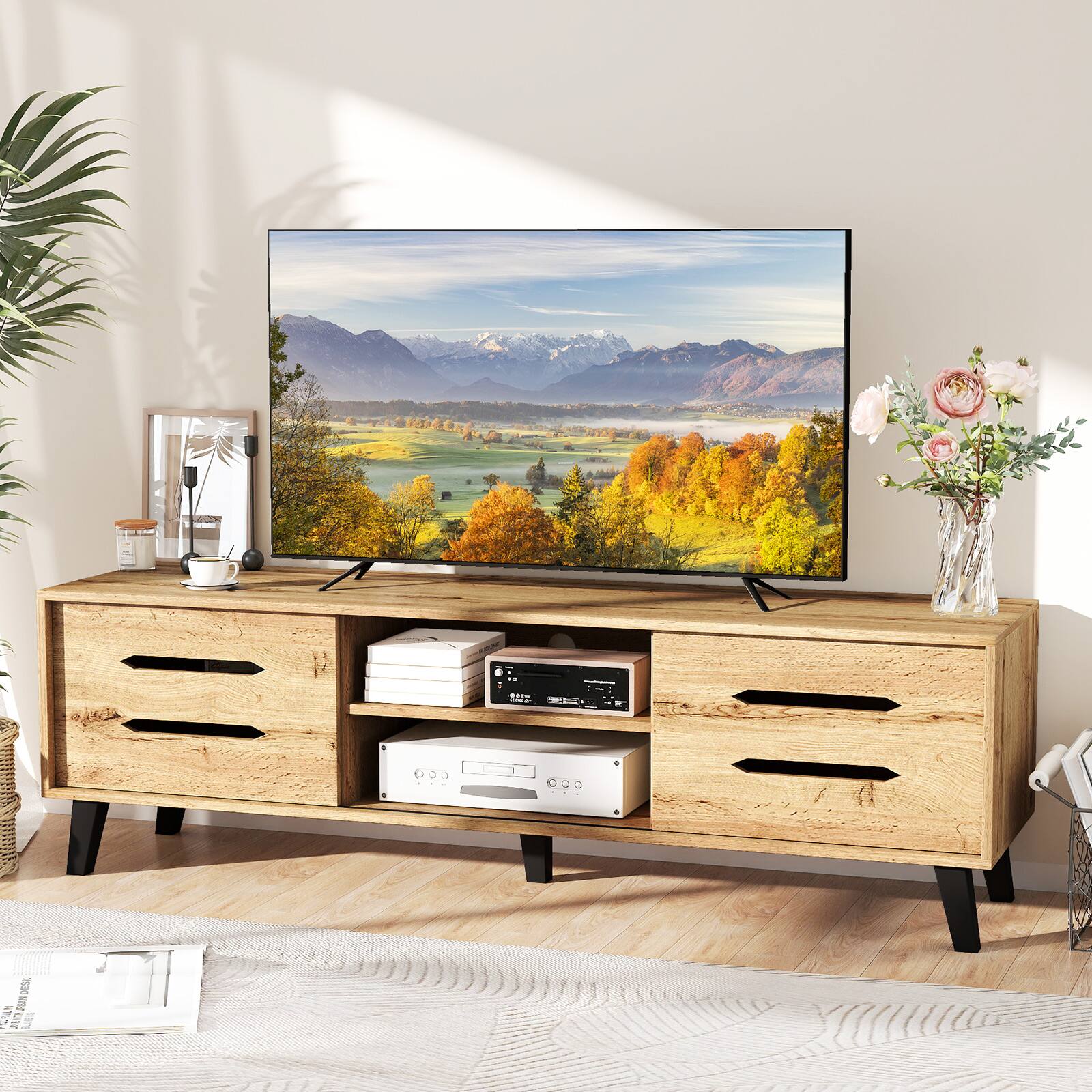 Alt View 1. Costway - Costway TV Stand w/Sliding Doors Storage Shelves Cable Hole Support Legs for 65" TVs - Natural.