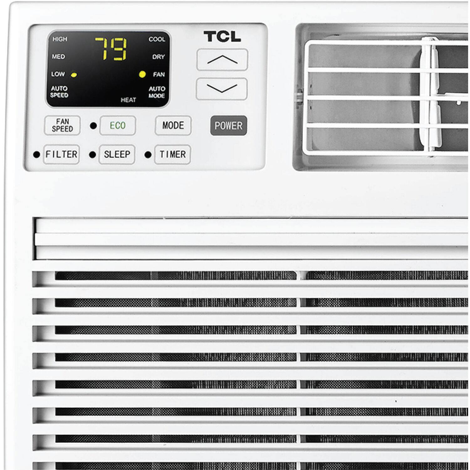 The image shows a white air conditioner with a digital display. The display shows the current temperature, which is 79 degrees. The air conditioner has various modes, including cool, dry, auto, heat, auto mode, fan speed, eco mode, and power. Additionally, there is a sleep timer and a filter. The air conditioner is made by TCL.