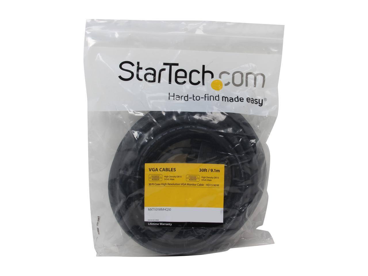 StarTech.com  
Hard-to-find made easy  
VGA CABLES  
30ft / 9.1m  
30 ft Coax High Resolution VGA Monitor Cable - HD15 M/M  
XT101MMHQ30  
Lifetime Warranty