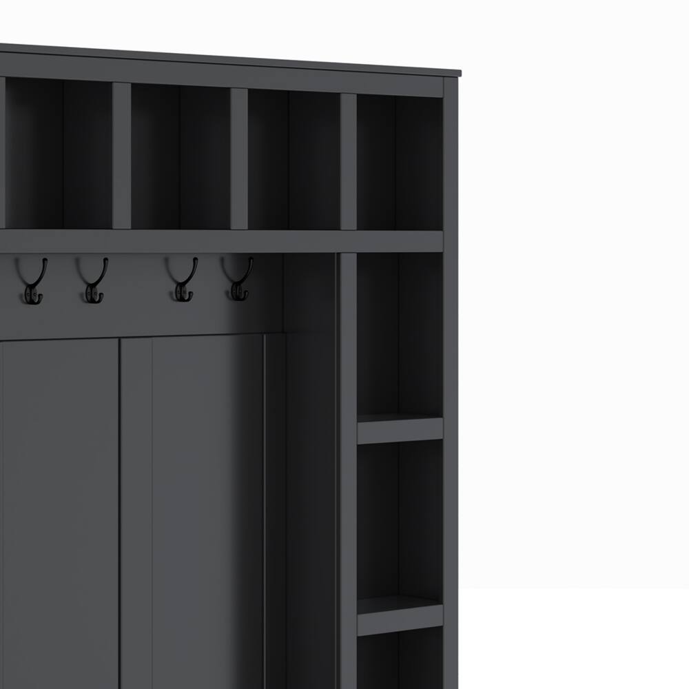 Alt View 6. Loheer - Loheer Farmhouse Wooden Hall Tree, 4-in-1 Entryway Shoe Cabinet, Walnut Storage Bench, 76.7"H - Black and Dark Walnut.