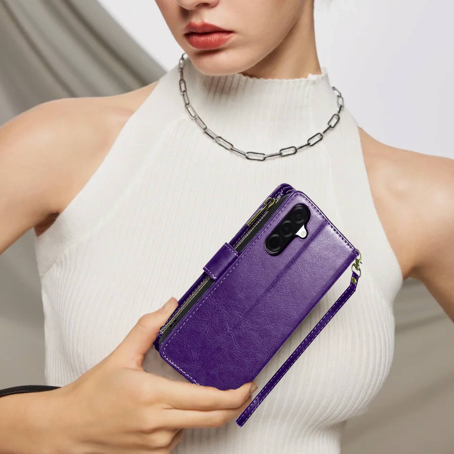 Alt View 6. Equipd - Phone Case for Samsung Galaxy A17 5G, Luxury Wallet Card ID Zipper Money Holder Cover (Purple) - Purple.