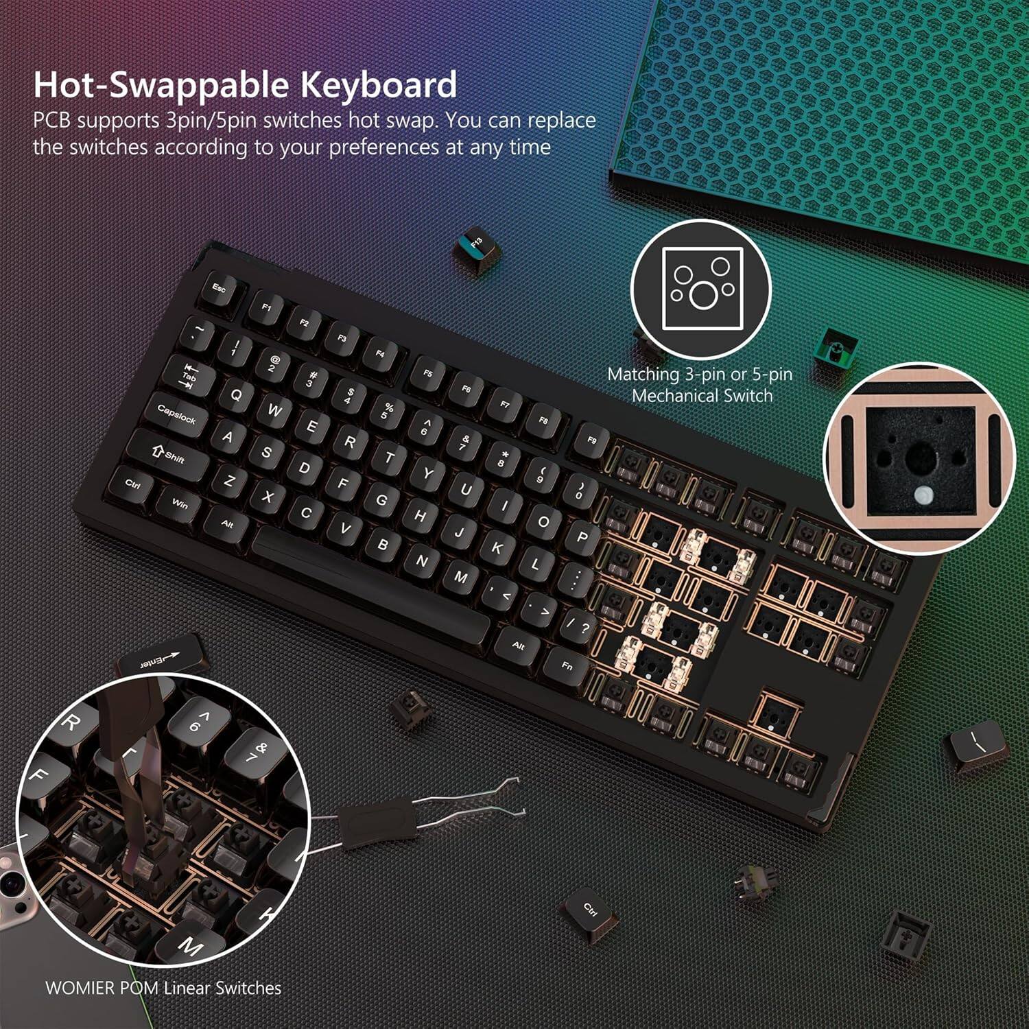Hot-Swappable Keyboard  
PCB supports 3pin/5pin switches hot swap. You can replace the switches according to your preferences at any time.

Matching 3-pin or 5-pin Mechanical Switch

WOMIER POM Linear Switches