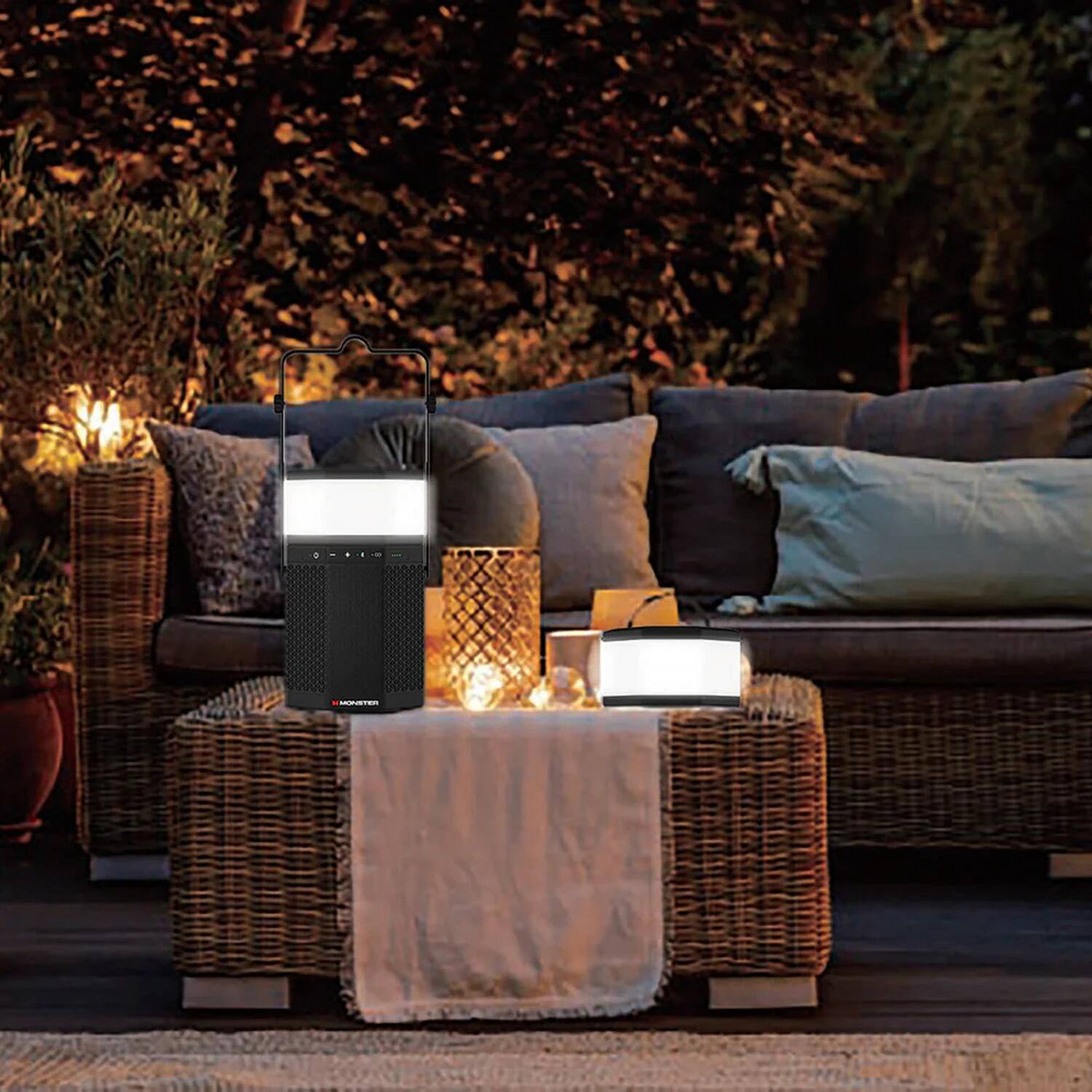 Left. Monster - 20W LUNA Portable Rechargeable Bluetooth Speaker, Detachable Lights, 360° Sound, IPX5, 10 Hr Battery Life - Black.