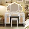 Whisen - Dresser Makeup Vanity Table with Tri-Fold Mirror,13 Hollywood LED Lights,5 Drawers and Charging Station - White