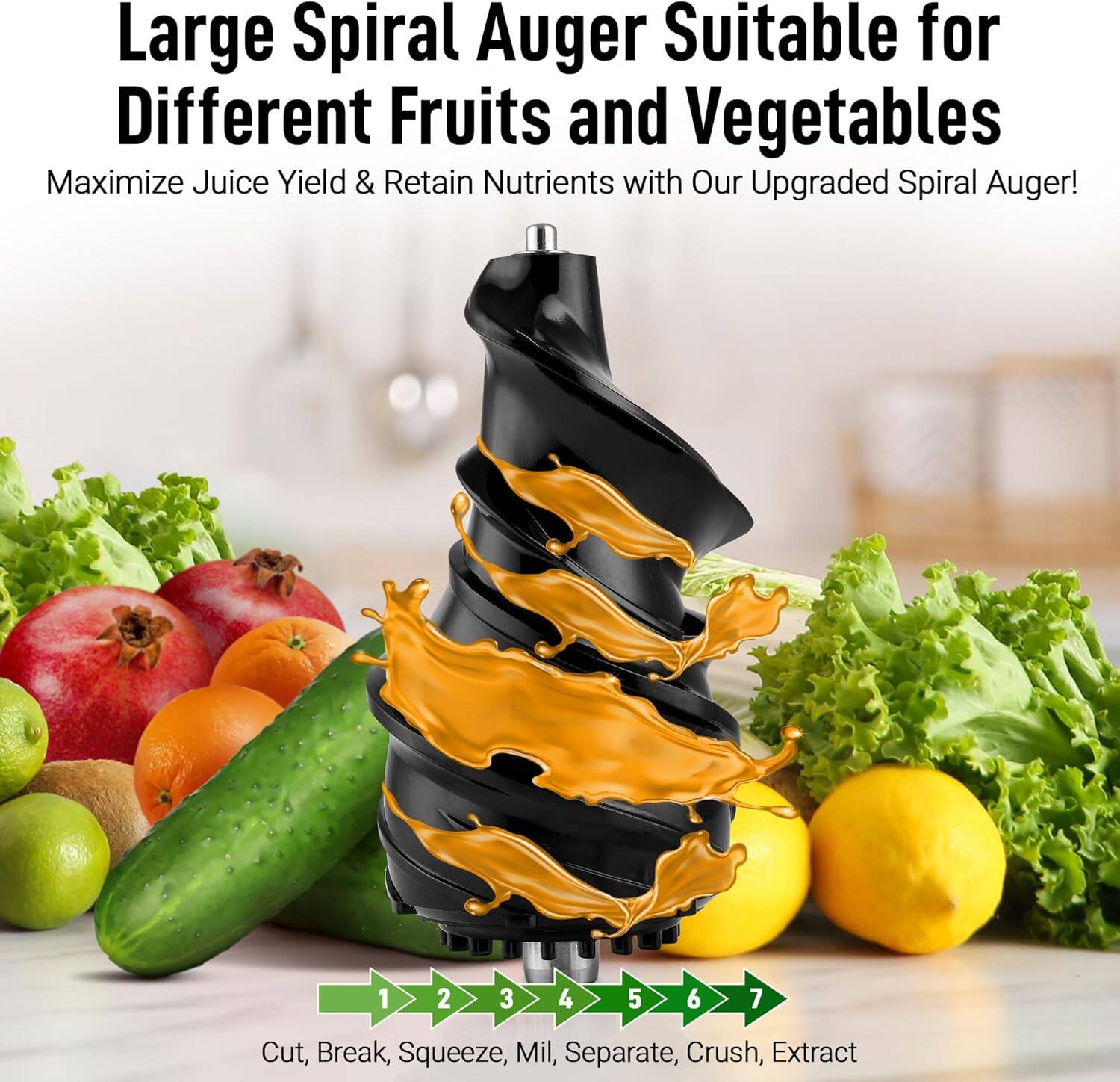 Large Spiral Auger Suitable for Different Fruits and Vegetables  
Maximize Juice Yield & Retain Nutrients with Our Upgraded Spiral Auger!  

1. Cut  
2. Break  
3. Squeeze  
4. Mil  
5. Separate  
6. Crush  
7. Extract