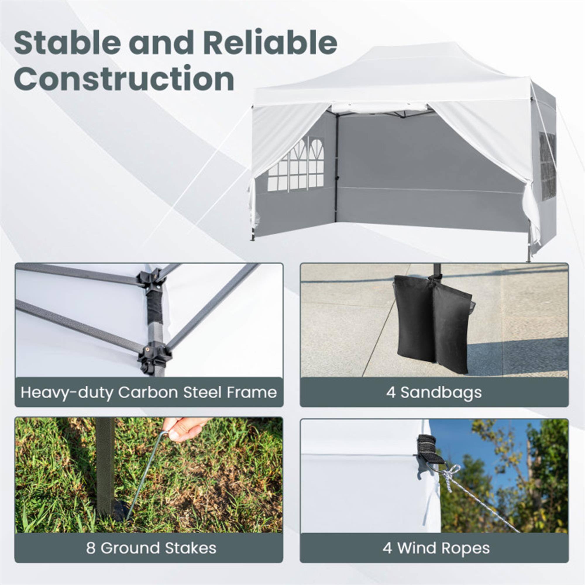 Stable and Reliable Construction

- Heavy-duty Carbon Steel Frame
- 4 Sandbags
- 8 Ground Stakes
- 4 Wind Ropes