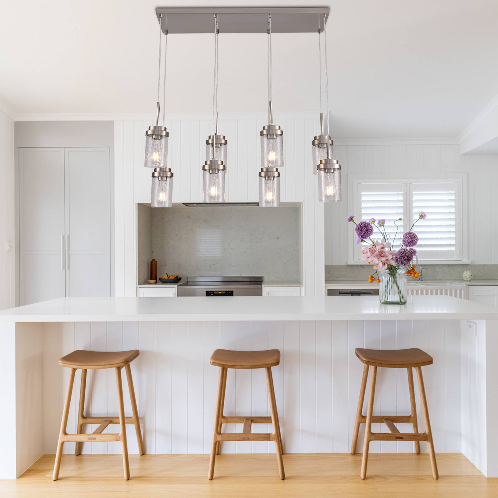 Angle. RYHNUYNE - 8 Lights Kitchen Island Lighting, Modern Brushed Nickel Linear Chandelier, Dining Room Light Fixture for Kitchen Bar - Brushed Nickel.