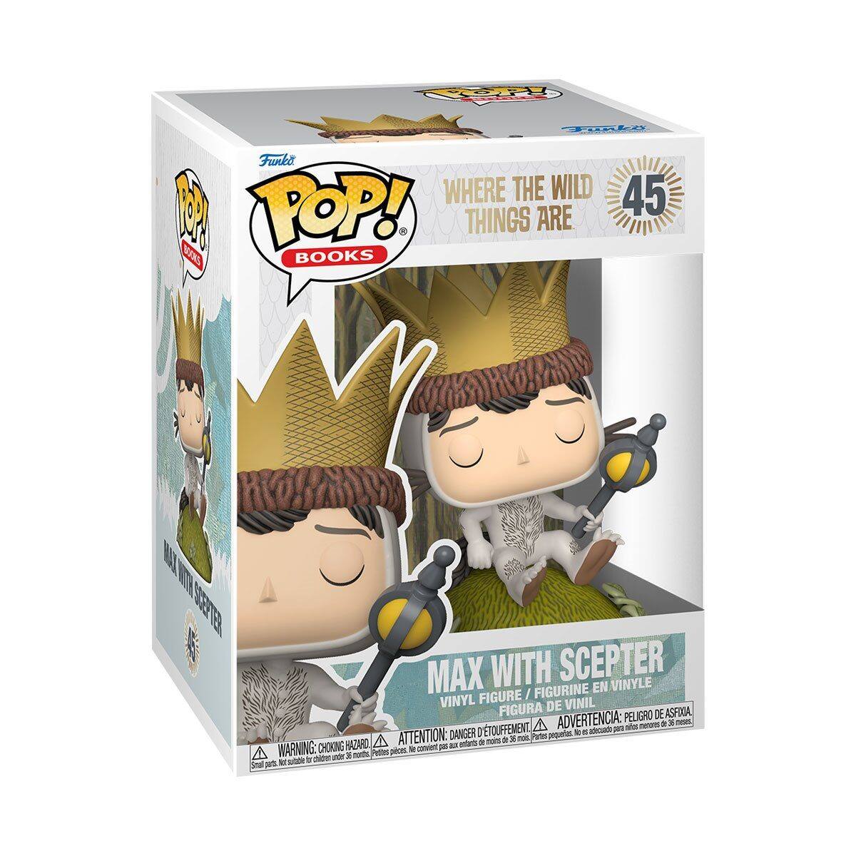Sure, here is the corrected and grouped text from the image:

---

**Funko POP! Books**

**WHERE THE WILD THINGS ARE**

**45**

**MAX WITH SCYTHE**

**VINYL FIGURE / FIGURINE EN VINYLE / FIGURA DE VINIL**

**WARNING: CHOKING HAZARD - Small parts. Not for children under 3 years.**

**ADVERTENCIA: PEQUEÑOS PIEZAS. NO ES ADECUADO PARA NIÑOS MENORES DE 3 AÑOS.**

**ATTENTION: RISQUE DE SOUFFLAGE - Petites pièces. Ne convient pas aux enfants de moins de 3 ans.**

**ADVERTENCIA: PEQUEÑOS PIEZAS. NO ES ADECUADO PARA NIÑOS MENORES DE 3 AÑOS.**

**ADVERTENCIA: PEQUEÑOS PIEZAS. NO ES ADECUADO PARA NIÑOS MENORES DE 3 AÑOS.**

**ADVERTENCIA: PEQUEÑOS PIEZAS. NO ES ADECUADO PARA NIÑOS MENORES DE 3 AÑOS.**

**