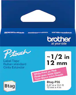 Brother - P-touch Btag White on Pink Label Tape (BTAGP35), 1/2" x 13.1' (12mm x 4m), Only for use with PT-N10, PT-N20, PT-N25BT