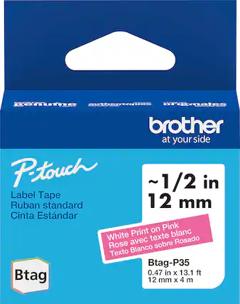 The text on the image reads: "Petouch 1/2 in Label Tape Ruban standard 12 mm Cinta Estndar on Pink White Print texte blanc Rose avec sobre Rosado Texto Blanco Btag-P35 0.47 in X 13.1 ft Btag 12 mm x 4 m."