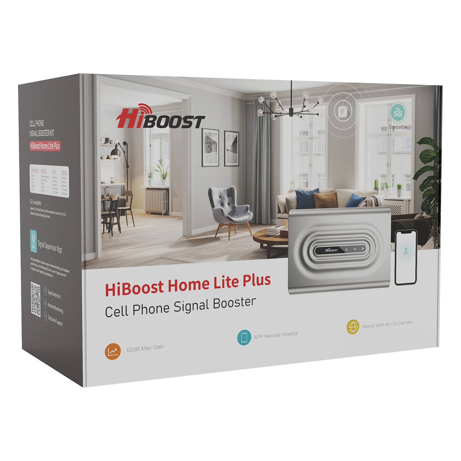 HiBoost Home Lite Plus Cell Phone Signal Booster

- 62dB Max Gain
- Works with All US Carriers
- 5G Compatible
- APP Remote Monitor
- Signal Inspector App
- 5G Compatible
- Works with All US Carriers