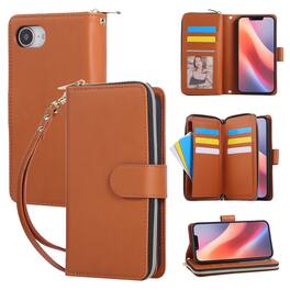 Dteck - Crossbody Wallet Case for Apple iPhone 17e, Shockproof Zipper Pocket PU Leather Folio Cover with 9 Card Slots - Brown