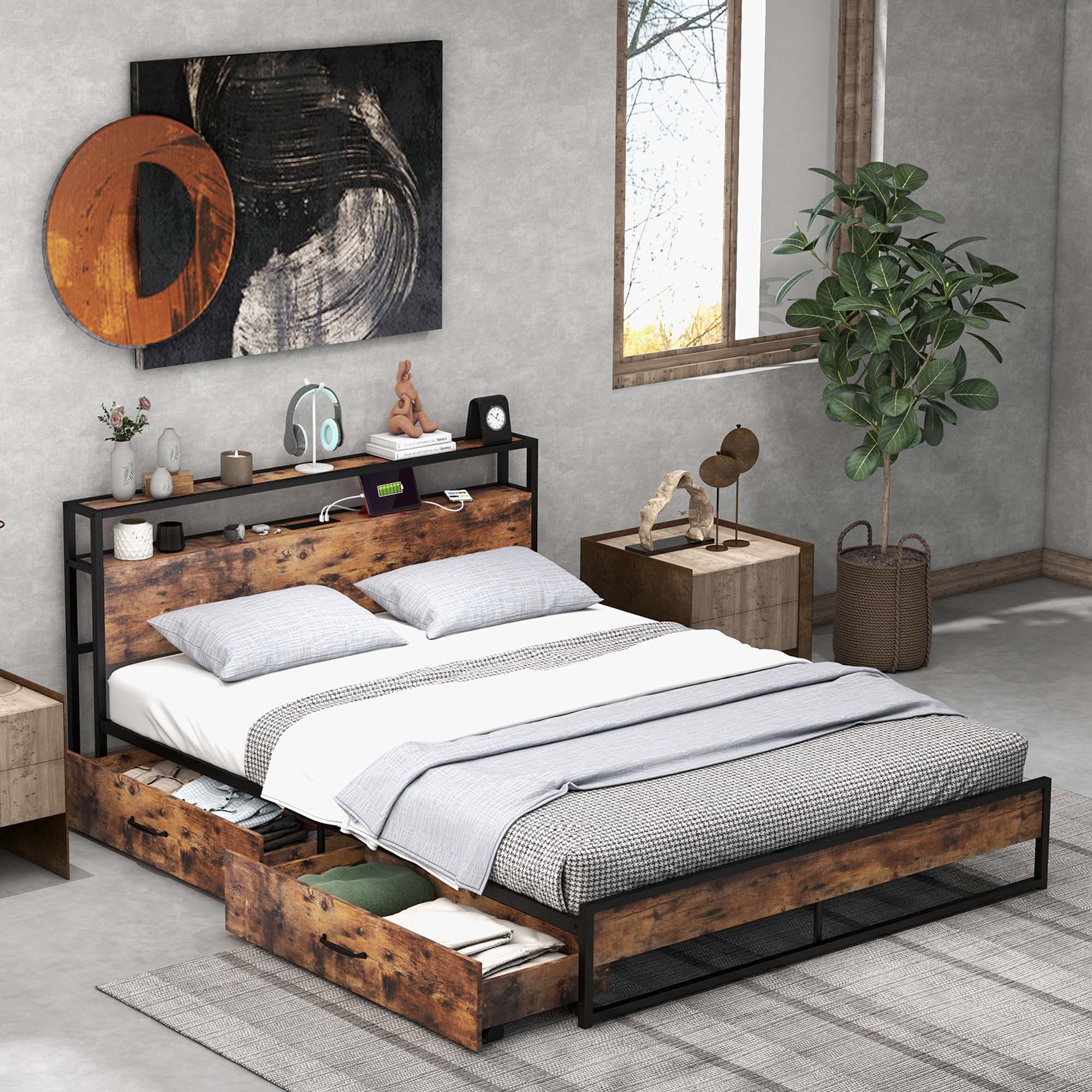Alt View 2. Costway - Costway Queen Industrial Platform Bed Frame with Drawer Storage Headboard Charging Station - White.