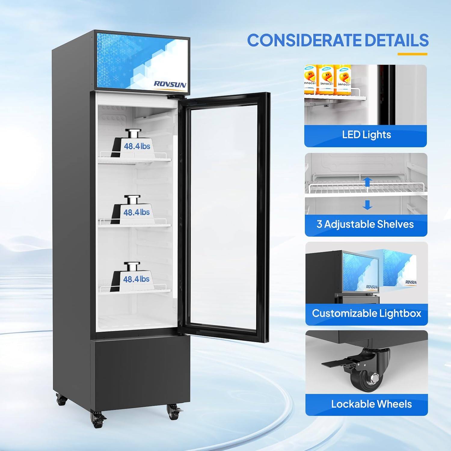 CONSIDERATE DETAILS

ROVSUN

- LED Lights
- 3 Adjustable Shelves
- Customizable Lightbox
- Lockable Wheels

48.4lbs