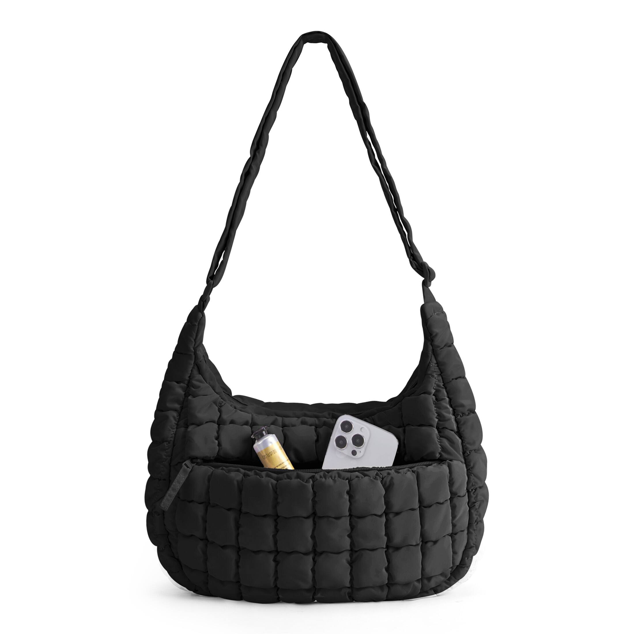 Back. Bagsmart - Oversized Quilted Puffer Hobo Bag, Lightweight Crossbody with Adjustable Strap for Travel & Daily Use - Black.
