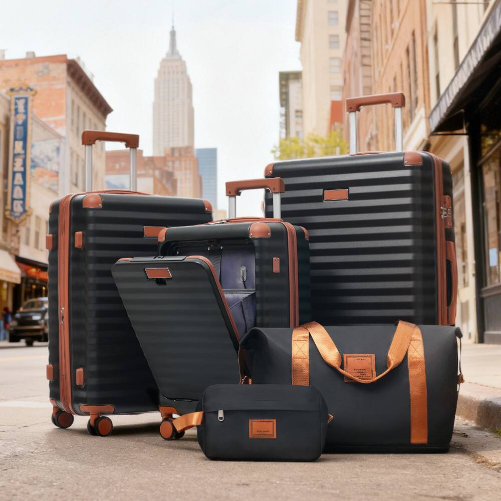 Alt View 1. Ecooso - 5-Piece Expandable ABS Spinner Luggage Set with TSA Lock, USB Port Carry-On, Cup Holder, Duffel, and Toiletry Bag - Black Brown.