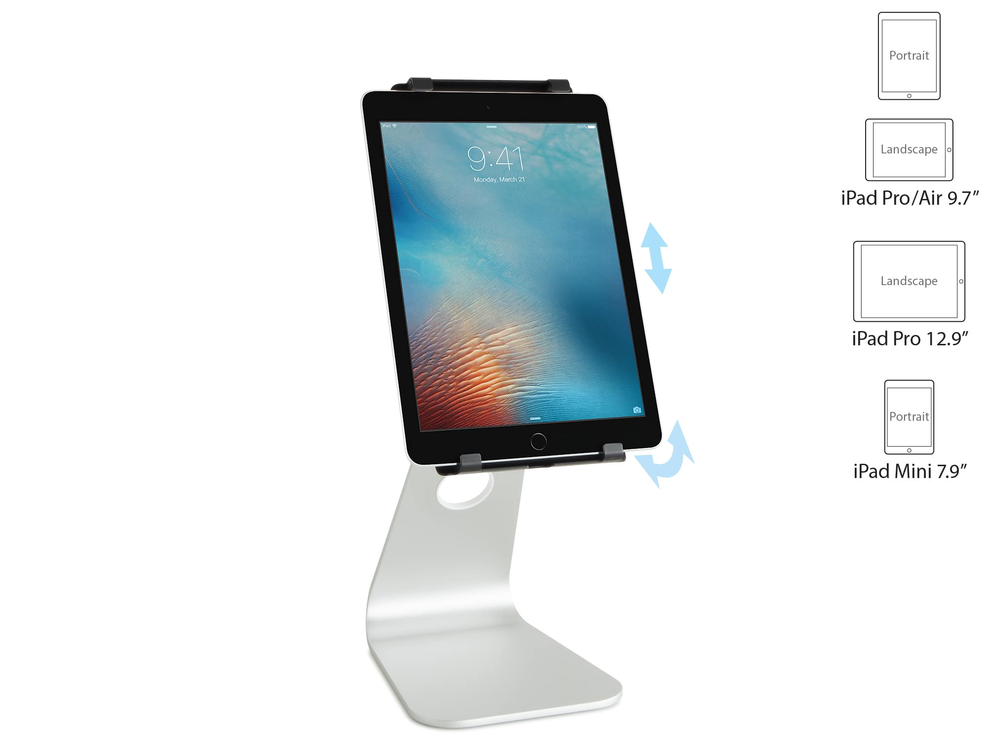 The image shows a tablet stand with a tablet on it. The tablet is in portrait mode, and the stand is designed to hold the tablet in both landscape and portrait orientations. The stand is compatible with iPad Pro, iPad Air, and iPad Mini tablets.