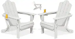 SERWALL - Adjustable Adirondack Chair Set of 2, 3 Position Chair with Cup Holder, Reclining Folding Adirondack Chairs - White