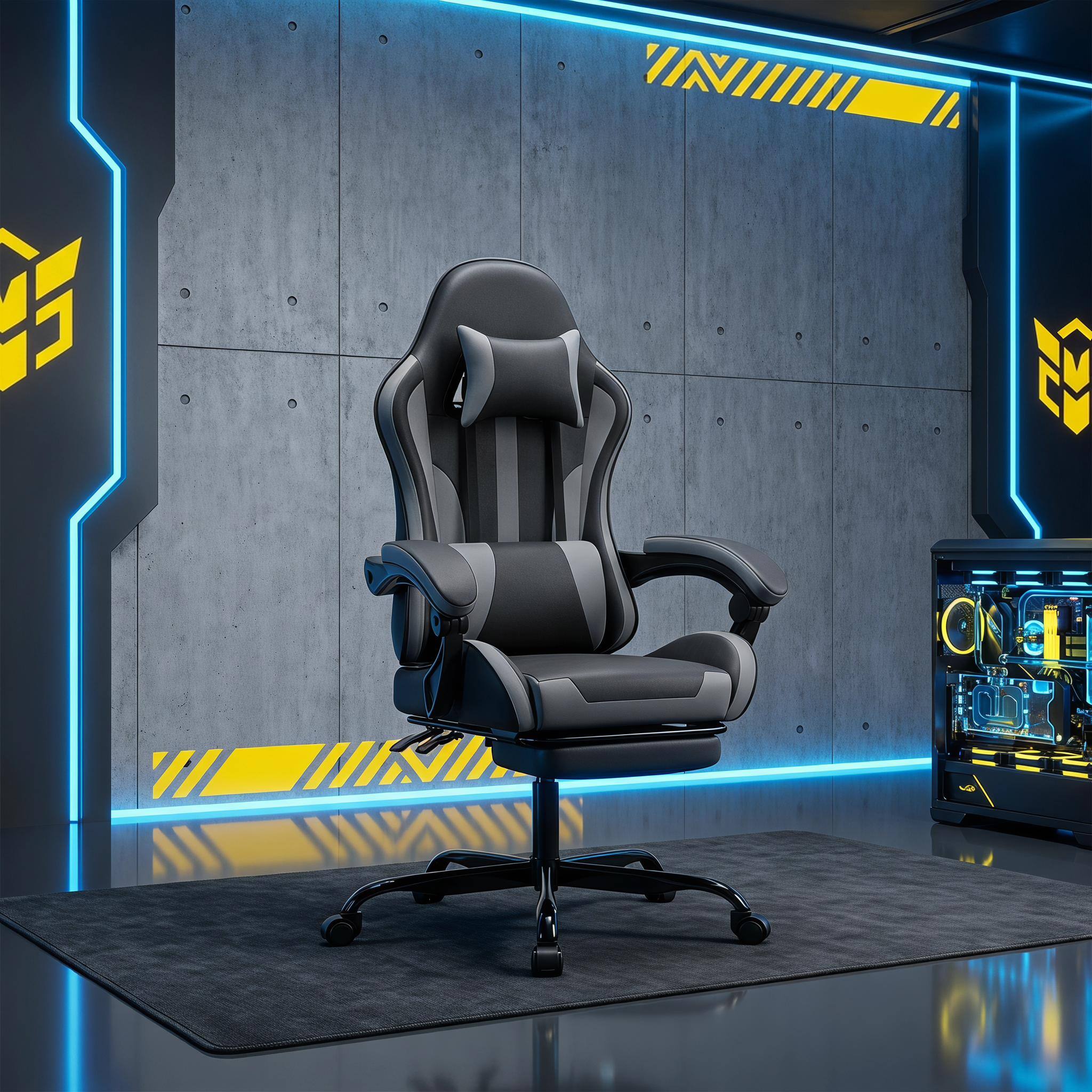 Angle. Forest'nSky - Ergonomic Office Chair with Footrest and Lumbar Support, 360°-Swivel Seat and Headrest,Black Gray - Black/Gray.