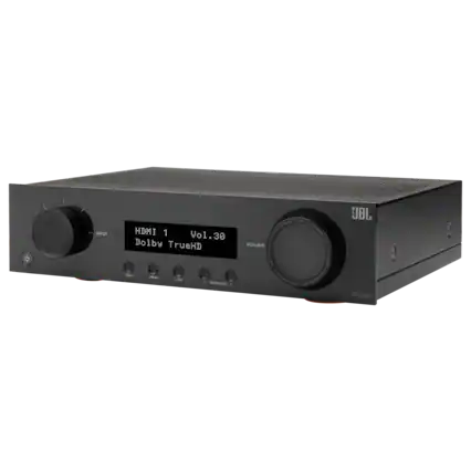 The text on the image reads: "INPUT HDMI 1 Vol.30 30 Dolby TrueHD BACE MN - - - . - . nttS s VOLUME i I CAoe ! a Eoimotecom Rhna I a s Moting_to_trnscribe S JBL MA310."