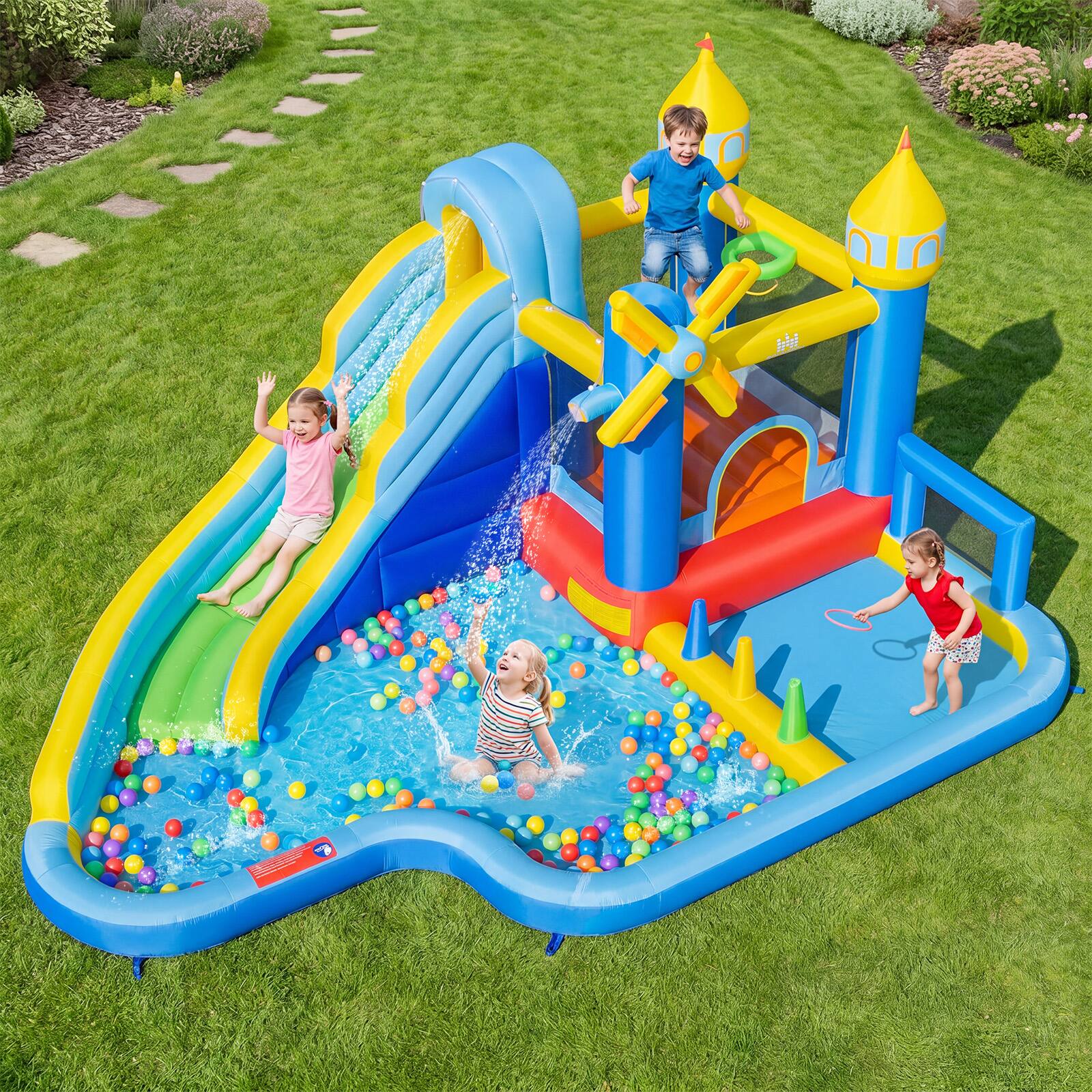 Alt View 1. Costway - Costway Inflatable Water Slide Park with Slide, Jumping Area, Splash Pools, 680W Blower - Multicolor.