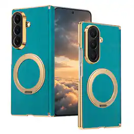 Dteck - Shockproof Magnetic Case for Samsung Galaxy Z Fold8 Ultra with Ring Stand, Leather Texture Rigid Plastic Hinge Cover - Lakeblue