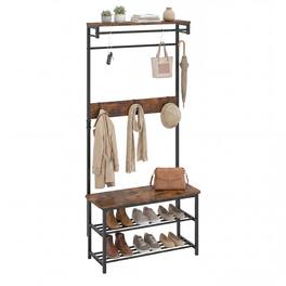 Costway - 4-in-1 Hall Tree: Coat Rack with Shoe Bench, Hanging Rod, Shelves & Removable Hooks - Rustic Brown + Black